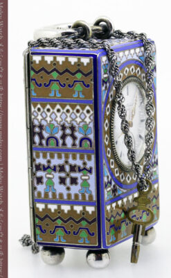 ロシア帝国時代のエナメル装飾された銀の置時計 皇帝御用達モロゾフ製【1860年頃】-A0303-6