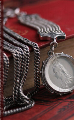 銀無垢アンティーク懐中時計チェーン ビクトリア女王銀貨【1887年頃】-C0453-2