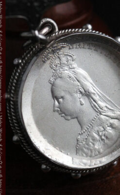 銀無垢アンティーク懐中時計チェーン ビクトリア女王銀貨【1887年頃】-C0453-5