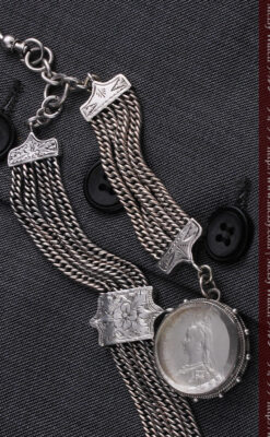 銀無垢アンティーク懐中時計チェーン ビクトリア女王銀貨【1887年頃】-C0453-9