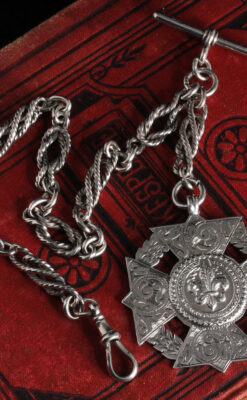 抜群の存在感を誇る特大装飾付き極太銀無垢アンティーク懐中時計チェーン-C0454-12