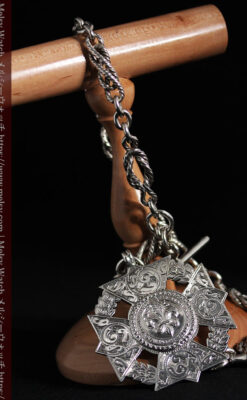 抜群の存在感を誇る特大装飾付き極太銀無垢アンティーク懐中時計チェーン-C0454-13