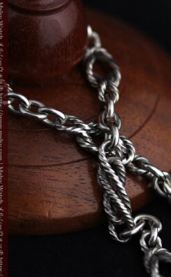 抜群の存在感を誇る特大装飾付き極太銀無垢アンティーク懐中時計チェーン-C0454-15