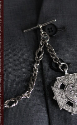 抜群の存在感を誇る特大装飾付き極太銀無垢アンティーク懐中時計チェーン-C0454-4