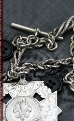 抜群の存在感を誇る特大装飾付き極太銀無垢アンティーク懐中時計チェーン-C0454-6