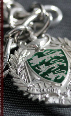 深い緑の獅子の飾りと極太銀無垢アンティーク懐中時計チェーン-C0455-10