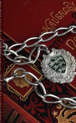 深い緑の獅子の飾りと極太銀無垢アンティーク懐中時計チェーン-C0455-16