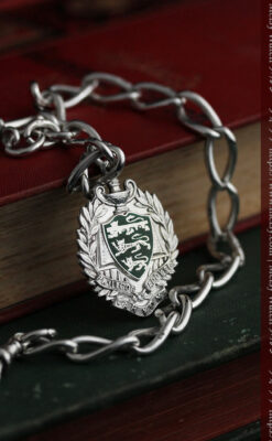 深い緑の獅子の飾りと極太銀無垢アンティーク懐中時計チェーン-C0455-3