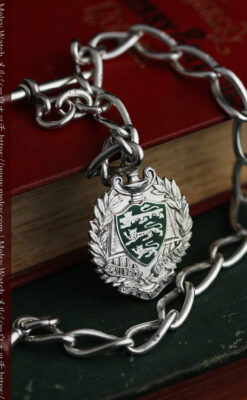 深い緑の獅子の飾りと極太銀無垢アンティーク懐中時計チェーン-C0455-4