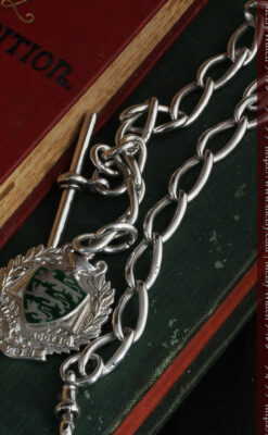 深い緑の獅子の飾りと極太銀無垢アンティーク懐中時計チェーン-C0455-5