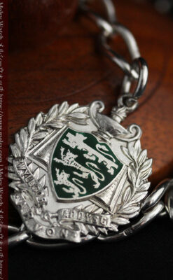 深い緑の獅子の飾りと極太銀無垢アンティーク懐中時計チェーン-C0455-6