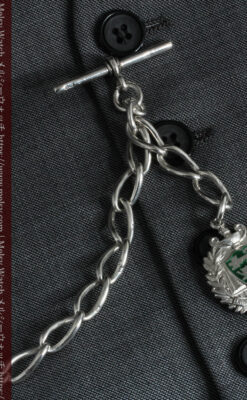 深い緑の獅子の飾りと極太銀無垢アンティーク懐中時計チェーン-C0455-7