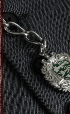 深い緑の獅子の飾りと極太銀無垢アンティーク懐中時計チェーン-C0455-8