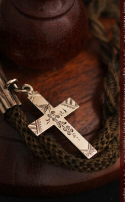 髪の毛で編んだ懐中時計用のアンティーク紐 十字架付き【1900年頃】-C0456-10