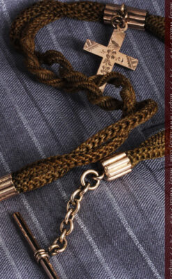 髪の毛で編んだ懐中時計用のアンティーク紐 十字架付き【1900年頃】-C0456-5