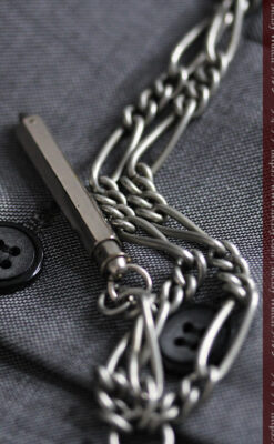 くすんだ銀色のアンティーク懐中時計チェーン 鍵巻き付き-C0458-5