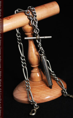 くすんだ銀色のアンティーク懐中時計チェーン 鍵巻き付き-C0458-8