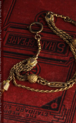 非常に綺麗なアンティークのこだわり懐中時計チェーン 飾り付き複線-C0459-13