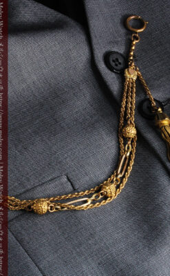 非常に綺麗なアンティークのこだわり懐中時計チェーン 飾り付き複線-C0459-3