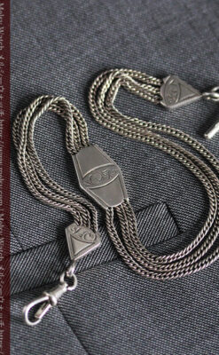 銀無垢複線のアンティーク懐中時計チェーン 銀装飾３点-C0460-4