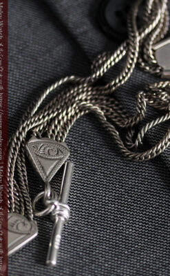 銀無垢複線のアンティーク懐中時計チェーン 銀装飾３点-C0460-7