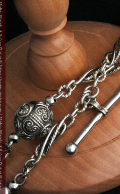 3つの玉飾りと味のある銀無垢アンティーク懐中時計チェーン-C0461-10