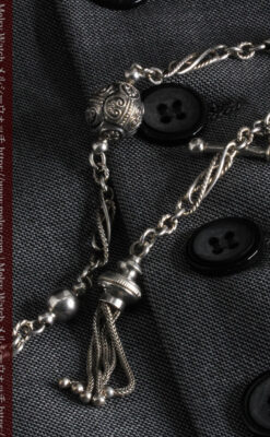 3つの玉飾りと味のある銀無垢アンティーク懐中時計チェーン-C0461-3