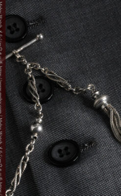 3つの玉飾りと味のある銀無垢アンティーク懐中時計チェーン-C0461-4