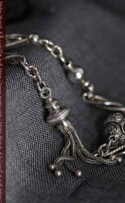 3つの玉飾りと味のある銀無垢アンティーク懐中時計チェーン-C0461-7