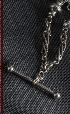 3つの玉飾りと味のある銀無垢アンティーク懐中時計チェーン-C0461-8