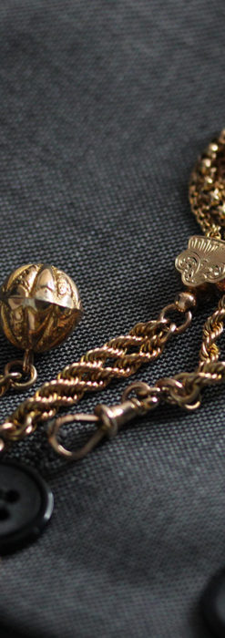 玉飾りと繊細な装飾の特別な金無垢アンティーク懐中時計チェーン-C0462-1