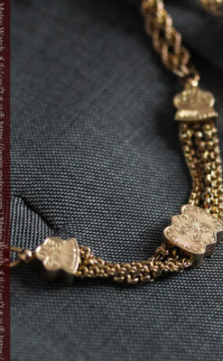 玉飾りと繊細な装飾の特別な金無垢アンティーク懐中時計チェーン-C0462-3