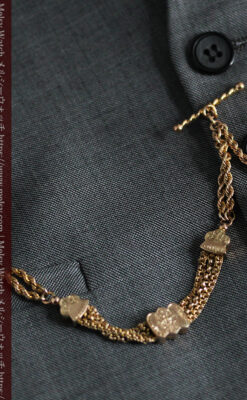 玉飾りと繊細な装飾の特別な金無垢アンティーク懐中時計チェーン-C0462-4