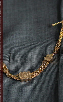 玉飾りと繊細な装飾の特別な金無垢アンティーク懐中時計チェーン-C0462-5