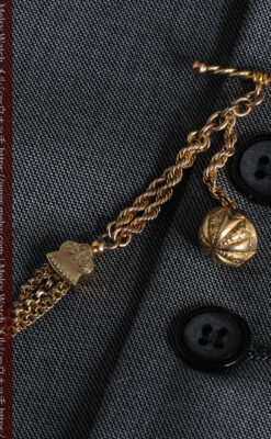 玉飾りと繊細な装飾の特別な金無垢アンティーク懐中時計チェーン-C0462-7