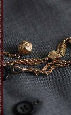 玉飾りと繊細な装飾の特別な金無垢アンティーク懐中時計チェーン-C0462-8