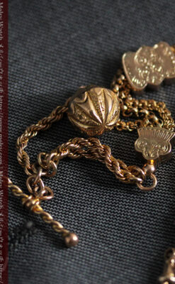 玉飾りと繊細な装飾の特別な金無垢アンティーク懐中時計チェーン-C0462-9