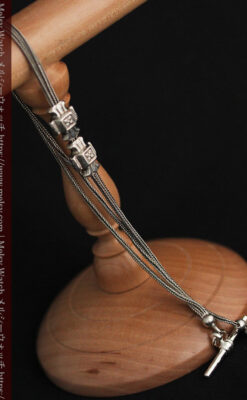 2つのスライド飾り付きの銀無垢アンティーク懐中時計チェーン-C0468-10