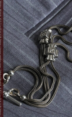 2つのスライド飾り付きの銀無垢アンティーク懐中時計チェーン-C0468-4