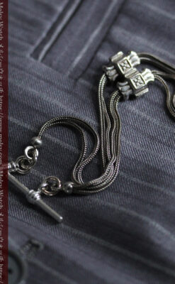 2つのスライド飾り付きの銀無垢アンティーク懐中時計チェーン-C0468-5