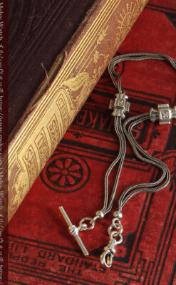 2つのスライド飾り付きの銀無垢アンティーク懐中時計チェーン-C0468-7