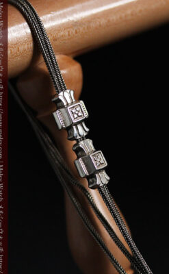 2つのスライド飾り付きの銀無垢アンティーク懐中時計チェーン-C0468-8