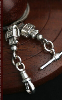 2つのスライド飾り付きの銀無垢アンティーク懐中時計チェーン-C0468-9