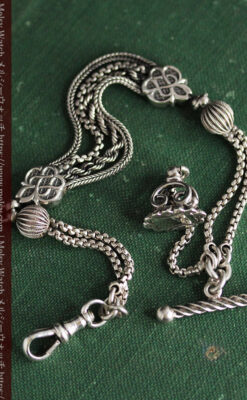 繊細な飾りの綺麗な銀無垢アンティーク懐中時計チェーン-C0469-12