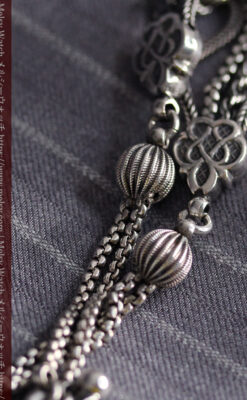 繊細な飾りの綺麗な銀無垢アンティーク懐中時計チェーン-C0469-7