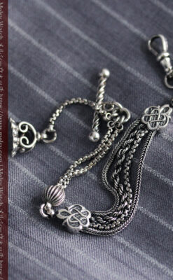 繊細な飾りの綺麗な銀無垢アンティーク懐中時計チェーン-C0469-8