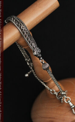 繊細な飾りの綺麗な銀無垢アンティーク懐中時計チェーン-C0469-9