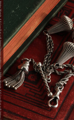 繊細かつ豪華な円錐状の飾り付き銀無垢アンティーク懐中時計チェーン-C0470-10