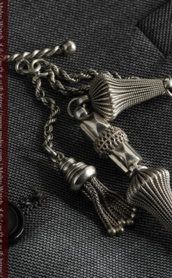 繊細かつ豪華な円錐状の飾り付き銀無垢アンティーク懐中時計チェーン-C0470-3