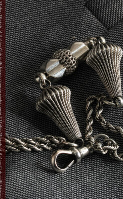 繊細かつ豪華な円錐状の飾り付き銀無垢アンティーク懐中時計チェーン-C0470-4